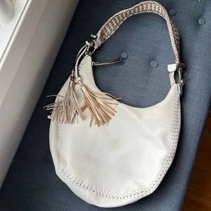 Sondra Roberts Squared White Faux Leather Hobo Handbag w/ Metallic Braided Strap